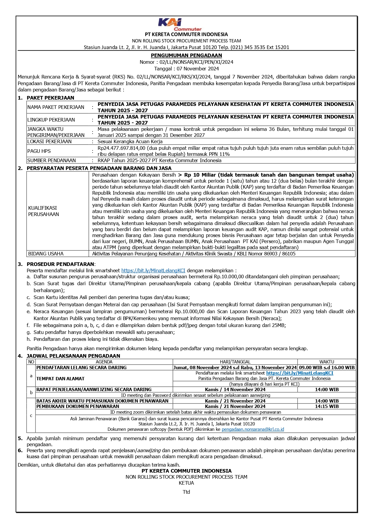2 pengumuman 02 penyedia jasa petugas paramedis pelayanan kesehatan pt kereta commuter indonesia tahun 2025 2027 page 0001